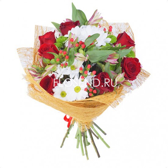 Букет из красных роз и альстромерий - фото 2
