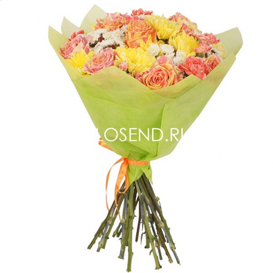 Букет из желтых хризантем и роз - фото 2