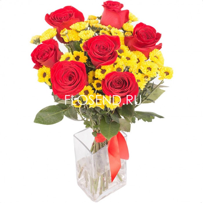Букет «10 желтых хризантем и 7 красных роз»