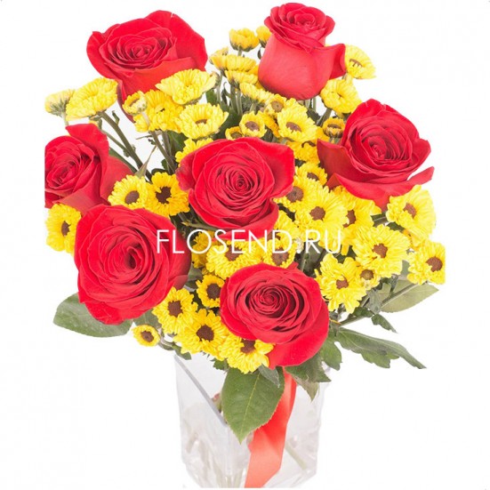 Букет «10 желтых хризантем и 7 красных роз» - фото 2